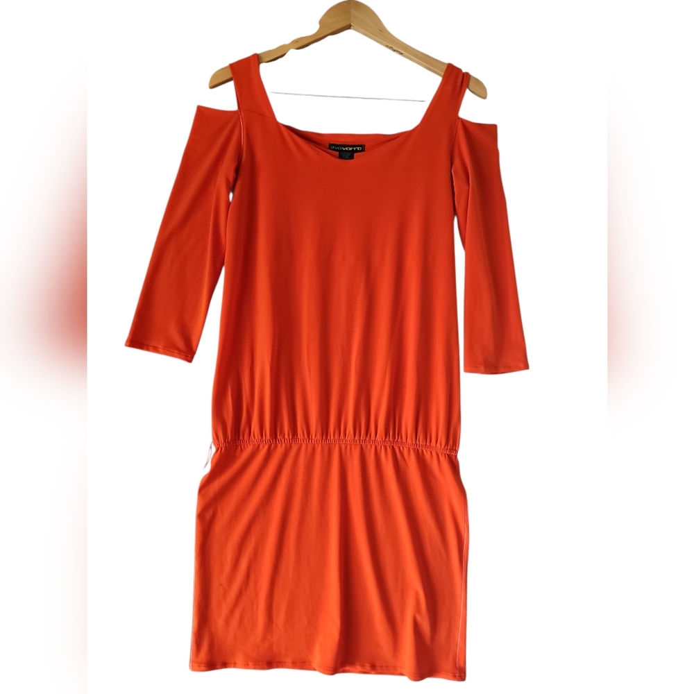 EVA VARRO Knee Length Orange Stretch Cold Shoulder Drop Waist Dress Size M